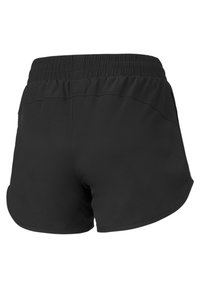 Schwarze Sportshorts mit weicher Textur, elastischem Taillenbund und abgerundetem Saum. Das Design enthält keine sichtbaren Logos oder Muster.