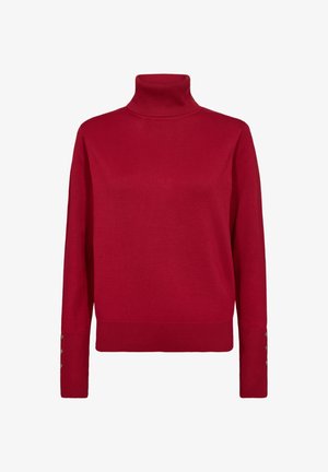 Rode coltrui met lange mouwen. Gemaakt van gladde stof, met knopen op de mouwen en een aansluitende halslijn. Klassiek ontwerp.