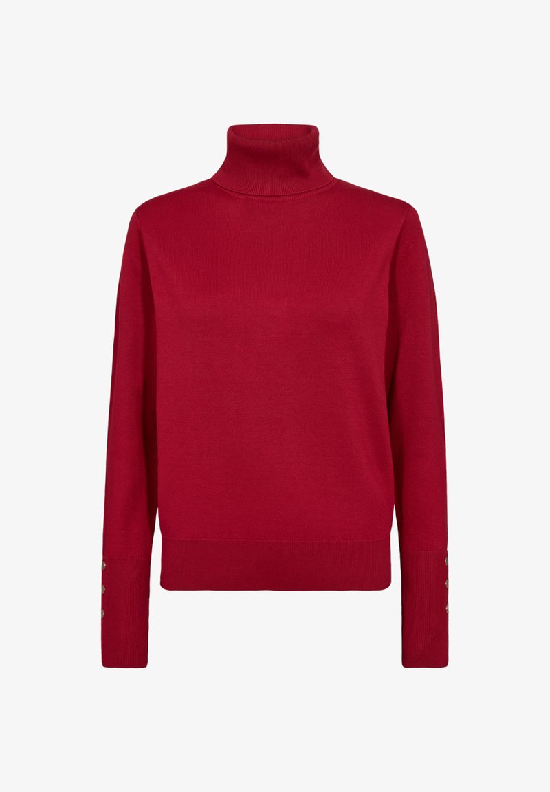 Rode coltrui met lange mouwen. Gemaakt van gladde stof, met knopen op de mouwen en een aansluitende halslijn. Klassiek ontwerp.