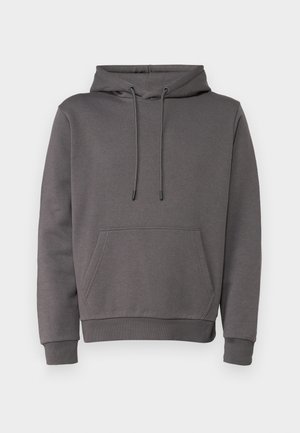 Gray hoodie made of soft material, featuring a kangaroo pocket, adjustable drawstring hood, and ribbed cuffs and hem.