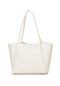 Witte leren tote bag met een gestructureerde vorm, verlengde handvatten en een drukknoopsluiting. Gladde textuur met minimale hardwaredetails.