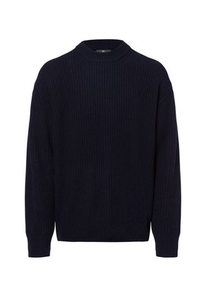 Dunkelblauer gestrickter Pullover mit hohem Kragen, gerippter Textur, lockerer Passform und langen Ärmeln. Auffälliges grobes Strickmuster durchgehend.