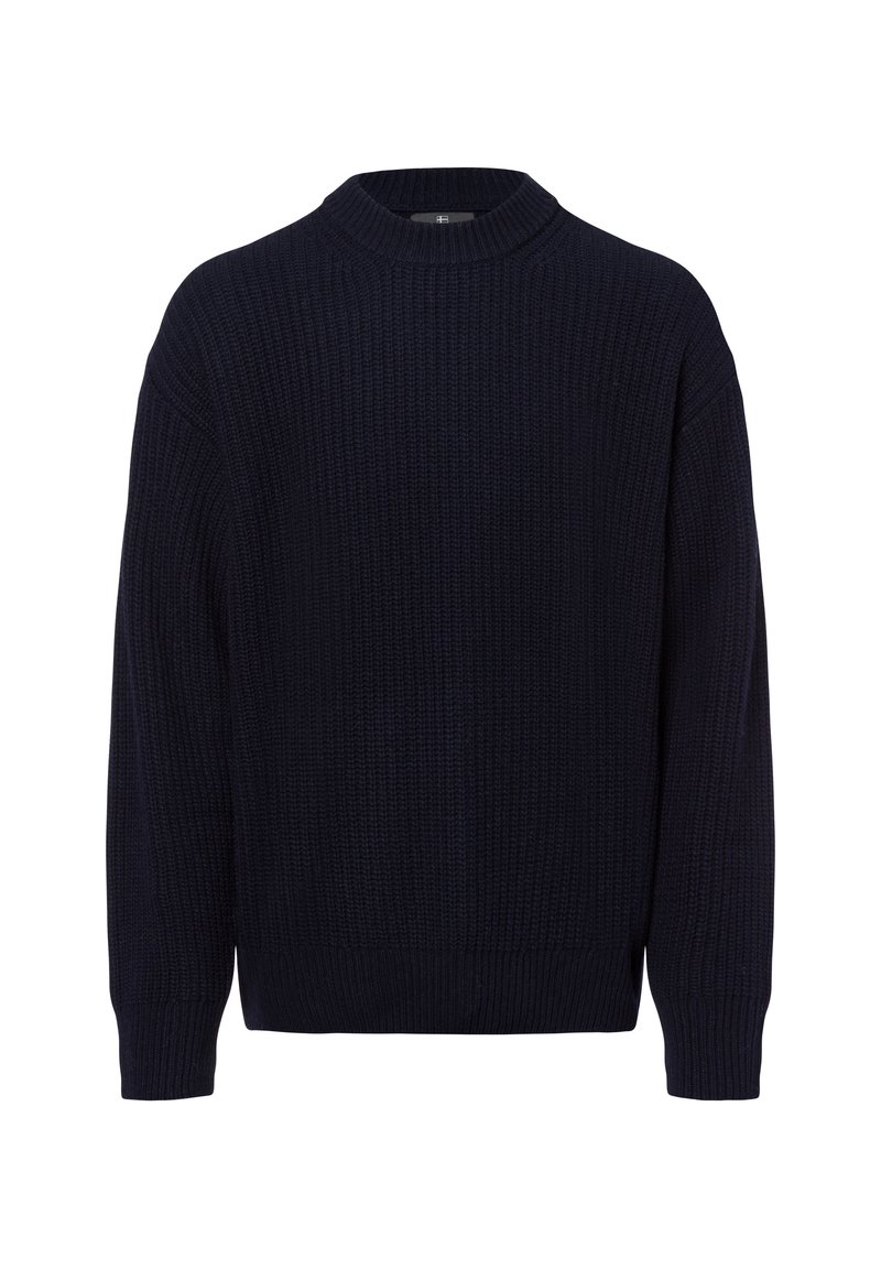 Donkerblauwe gebreide trui met een hoge hals, ribbelstructuur, losse pasvorm en lange mouwen. Kenmerkend chunky breipatroon overal.