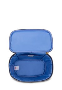 Grijze toilettas met rits en een helderblauwe binnenkant, met een gladde binnenkant en een rechthoekige vorm voor georganiseerde opslag.