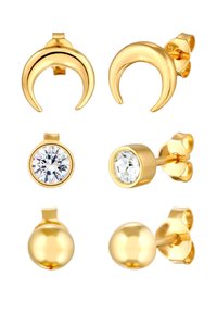 Boucles d'oreilles en or, comprenant trois designs : des formes de croissant, des pierres rondes transparentes et des boules sphériques lisses.