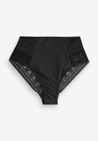 Hochgeschnittene schwarze Unterwäsche mit glattem Vorderteil, Spitzenverzierungen an den Seiten und kontrastierenden geometrischen Mustern in Schwarz und Weiß.
