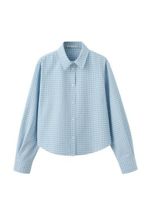 Lichtblauw, overhemd met lange mouwen en knopen, met een subtiel rasterpatroon en een klassieke kraag, afgebeeld op een witte achtergrond.
