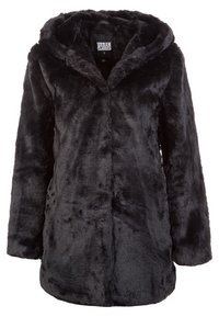 Svart fuskpälsjacka med huva, långärmad, med medellång längd och framknäppning, märkt Urban Classics storlek small.