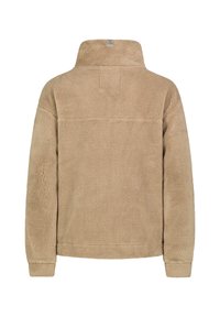 Beiger Fleece-Pullover mit hohem Kragen, langen Ärmeln und strukturierter Oberfläche. Verfügt über ein kleines Logotag am Kragen.