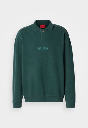 Dark green sweatshirt with a polo collar, featuring an embroidered "HUGO" logo on the chest and ribbed cuffs and hem.