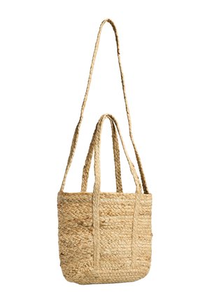 Geantă tote din paie naturale țesute, cu două mânere scurte și o curea lungă pentru umăr, formă dreptunghiulară, culoare bej, model texturat.