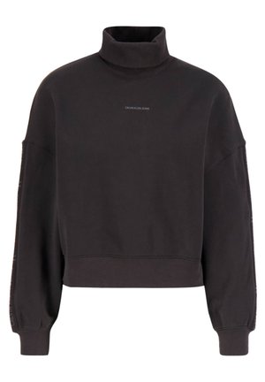 Sudadera corta gris oscuro con un cuello alto, mangas sueltas y el logo de Calvin Klein Jeans en el frente. Tejido suave y texturizado.