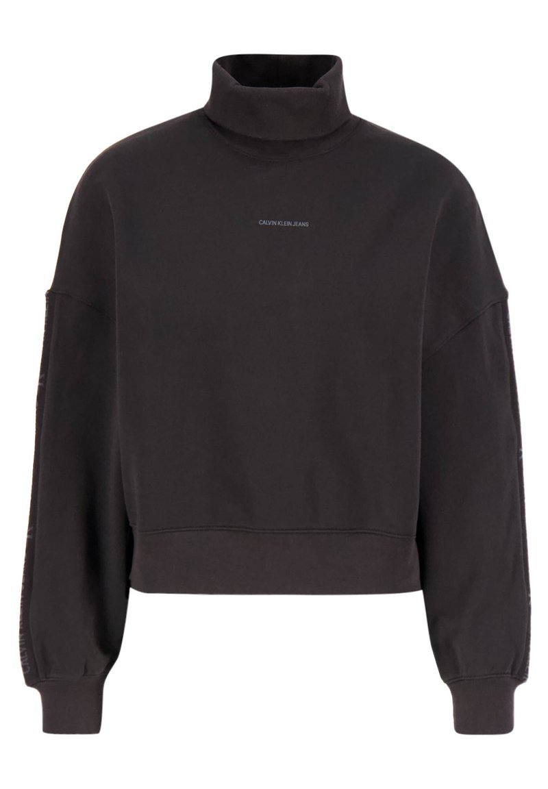Sudadera corta gris oscuro con un cuello alto, mangas sueltas y el logo de Calvin Klein Jeans en el frente. Tejido suave y texturizado.