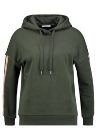 Olijfgroene hoodie met een relaxte pasvorm, voorzien van trekkoorden, ribgebreide manchetten en zijstrepen in roze en wit. Soepele textuur.