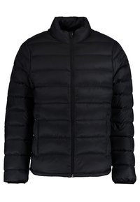 Giubbotto imbottito nero con colletto alto, dotato di chiusura frontale con zip e due tasche laterali. Realizzato in materiale trapuntato e isolante.