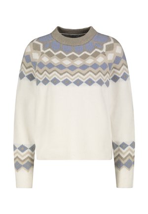 Witte trui met een ronde hals, voorzien van een geometrisch patroon in grijs, blauw en beige. Zachte textuur en een ontspannen pasvorm.