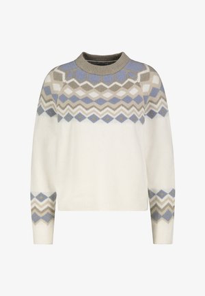 Witte trui met een ronde hals, voorzien van een geometrisch patroon in grijs, blauw en beige. Zachte textuur en een ontspannen pasvorm.
