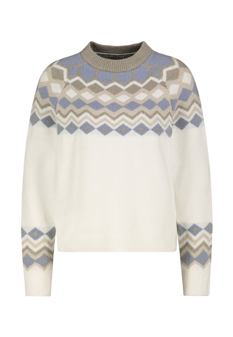 Weißer Pullover mit rundem Ausschnitt, versehen mit einem geometrischen Muster in Grau, Blau und Beige. Weicher Stoff und lässige Passform.
