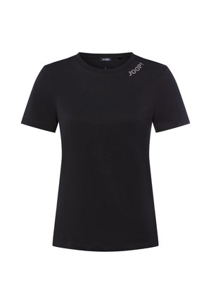 Zwarte t-shirt met korte mouwen, gemaakt van soepele stof, met een subtiele logo-detail in rhinestones op de linkerschouder.