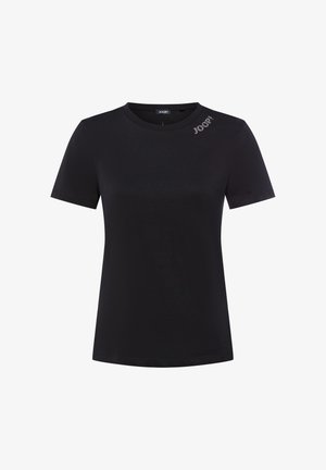 Schwarzes kurzärmliges T-Shirt aus glattem Material, mit einem dezenten Logodetail aus Strass auf der linken Schulter.