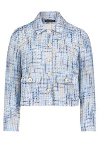 Cropped jacket in blue tweed fabric with gold-tone buttons, two front pockets, and a structured collar. Textured pattern throughout.