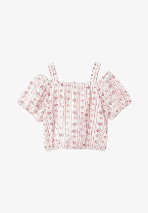 Haut blanc à épaules dénudées avec manches courtes bouffantes. Orné de motifs floraux rouges et de rayures verticales. Ourlet et bretelles élastiqués.