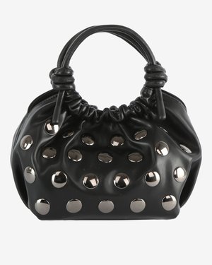 Black leather handbag with gathered top handle and multiple round silver studs evenly distributed on its surface.