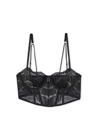 Soutien-gorge en dentelle noire au design structuré, doté d'un soutien-gorge à armatures, de bretelles réglables et d'une fermeture décorative au dos. Texture transparente avec des motifs floraux.