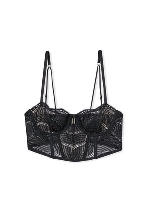 Soutien-gorge en dentelle noire au design structuré, doté d'un soutien-gorge à armatures, de bretelles réglables et d'une fermeture décorative au dos. Texture transparente avec des motifs floraux.