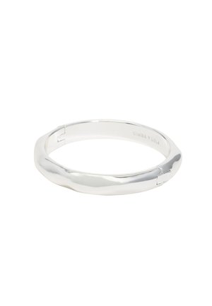 Silver bangle bracelet with a smooth, twisted design. Features a sleek, polished surface and a subtle clasp for fastening.