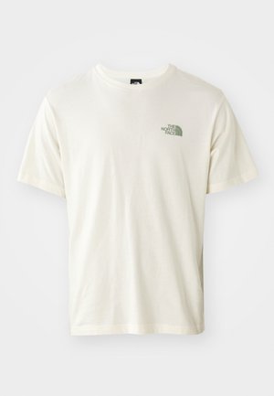 Light beige short-sleeve t-shirt made of cotton, featuring a small green logo on the left chest area and a classic crew neck design.