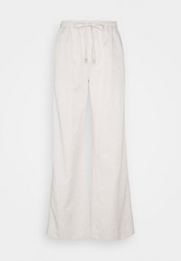 Off-white wide-leg pants with an elastic waistband and drawstring, made from a soft, lightweight fabric.