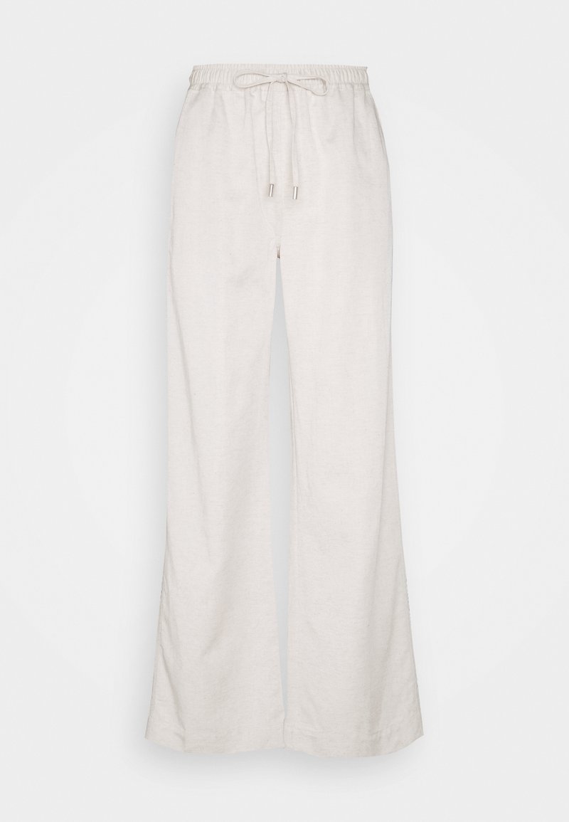 Off-white wide-leg pants with an elastic waistband and drawstring, made from a soft, lightweight fabric.