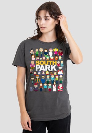 Gray cotton t-shirt featuring colorful cartoon character print from "South Park" with bold text. Short sleeves and crew neck design.