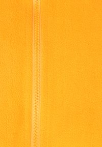 Giacca in pile gialla con una zip liscia al centro. Texture morbida, motivo uniforme e senza dettagli o accenti aggiuntivi.