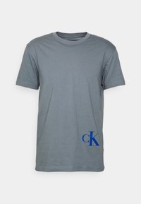 Grå bomullströja med korta ärmar, rundad hals och en blå "ck"-logga tryckt i nedre vänstra hörnet. Slen yta.