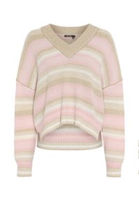 Striped pullover sweater in pink, beige, and white with a V-neck, oversized sleeves, and a cropped hem. Soft knit texture.