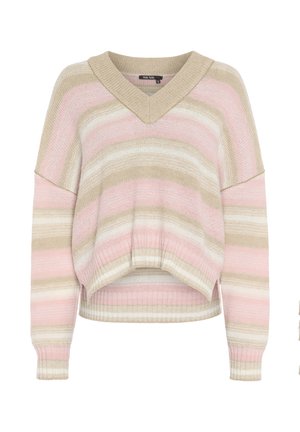 Striped pullover sweater in pink, beige, and white with a V-neck, oversized sleeves, and a cropped hem. Soft knit texture.