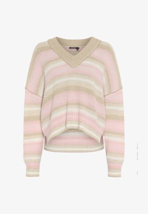 Striped pullover sweater in pink, beige, and white with a V-neck, oversized sleeves, and a cropped hem. Soft knit texture.