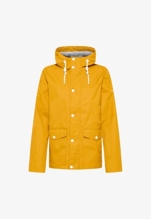 Jachetă galbenă de ploaie cu fermoar frontal și închidere cu capse, glugă cu șnur, două buzunare mari în față și textură netedă, impermeabilă.