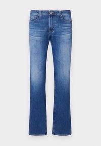 Verblasste blaue Denim-Flared-Jeans mit einem Fünf-Taschen-Design, Reißverschluss und Metallknopfverschluss. Glatte Textur und sauberer Saum.