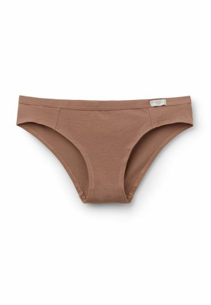 Brown cotton bikini briefs featuring a smooth texture, fitted design, and subtle elastic waistband. Small tag on the side.