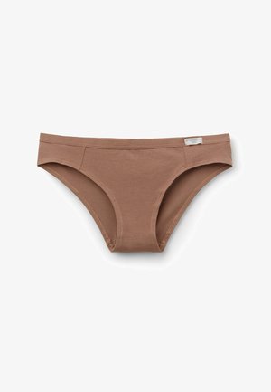 Bruine katoenen bikini slipjes met een gladde textuur, een aansluitend ontwerp en een subtiele elastische tailleband. Klein label aan de zijkant.