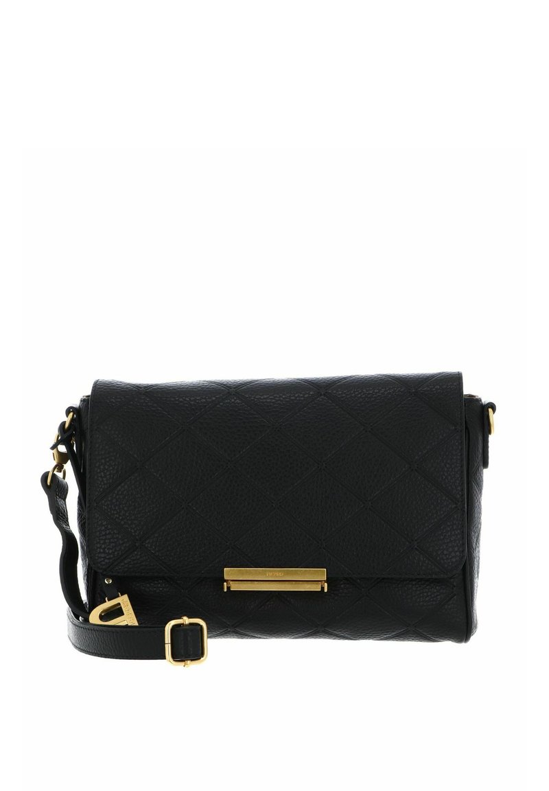 Borsa a tracolla nera in pelle con motivo trapuntato, hardware in tono oro, chiusura a scatto magnetico e tracolla regolabile.