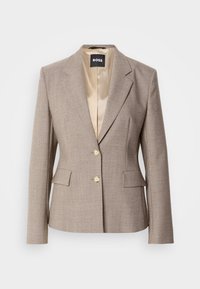 Světle hnědý přizpůsobený blazer s hladkým saténovým podšívkou, dvěma předními kapsami a dvěma béžovými knoflíky na zapínání.