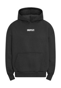 Schwarze Kapuzenjacke mit Kängurutasche, gerippten Bündchen und Saum, versehen mit dem Schriftzug "DROPSIZE" in Weiß auf der oberen Brust. Normale Passform.