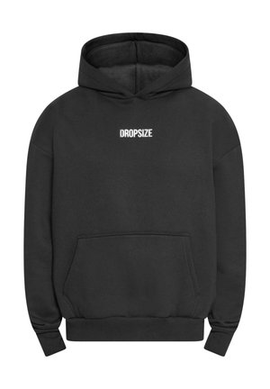 Black hoodie with a kangaroo pocket, ribbed cuffs and hem, featuring "DROPSIZE" embroidered in white on the upper chest. Standard fit.