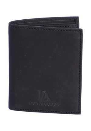 Cartera negra de piel con doble pliegue, con costuras visibles y logotipo en relieve de "Don Algodón" en la parte inferior derecha del frente.