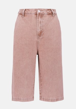 Lyserøde denim culotter med høj talje, frontknaplukning og cropped længde. Har bæltestropper og sydekoration langs sømmene.