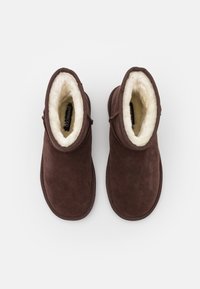 Brown suede ankle boots with a soft, cream faux fur lining. Rounded toe and stitched accents along the edges. Flat rubber sole.
